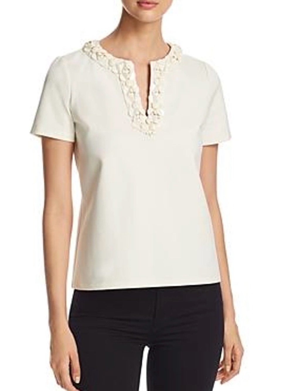 Tory Burch Ivory Embellished V‑Neck Short Sleeve Top